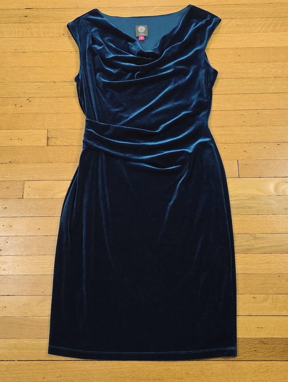 Vince Camuto, Velvet Ruched Cowl Neck Sheath Dress, Teal, EUC, Women's 12